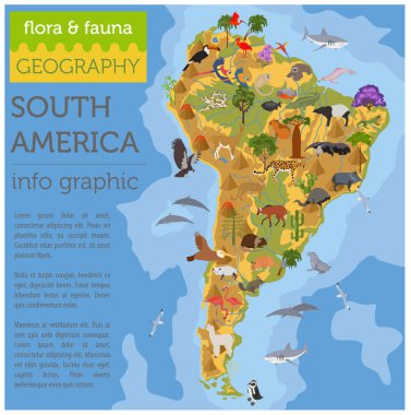 Güney Amerika flora ve fauna harita, öğeleri düz. Hayvanlar, kuşlar