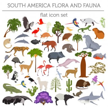 South America flora and fauna flat elements. Animals, birds and 