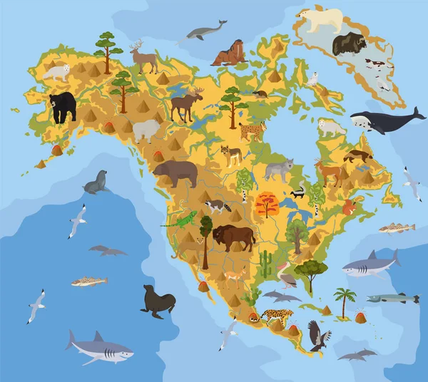 Pohjois-Amerikka kasviston ja eläimistön kartta, tasainen elementtejä. Eläimet, linnut — vektorikuva
