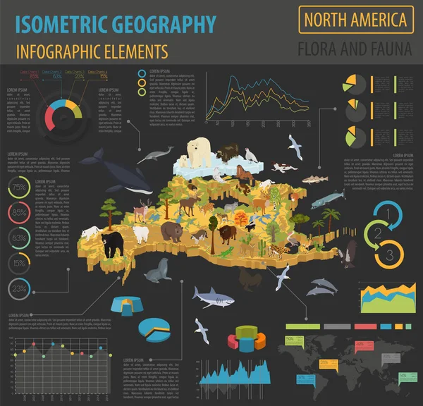 Isométrico 3d América del Norte flora y fauna mapa de elementos. Animales. — Archivo Imágenes Vectoriales