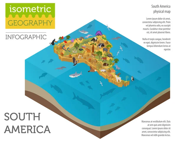 Isométrico 3d América del Sur flora y fauna mapa de elementos. Animales. — Vector de stock