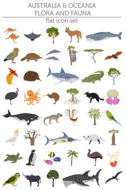 Avustralya ve Okyanusya flora ve fauna harita, öğeleri düz. Hayvan