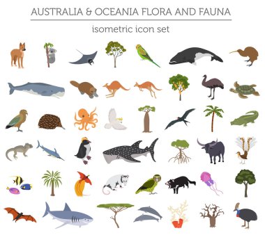 İzometrik 3d Avustralya ve Okyanusya flora ve fauna öğeleri göster.