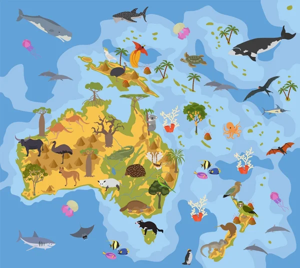 Austrália e Oceania flora e fauna mapa, elementos planos. Animais —  Vetores de Stock