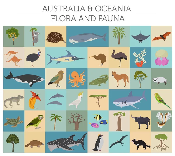 Australië en Oceanië flora en fauna kaart, vlakke elementen. Dier — Stockvector