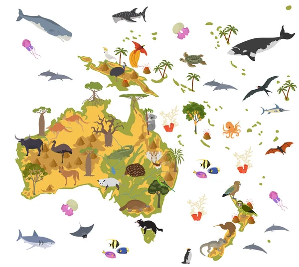 Australien och Oceanien flora och fauna karta, platta element. Djur — Stock vektor