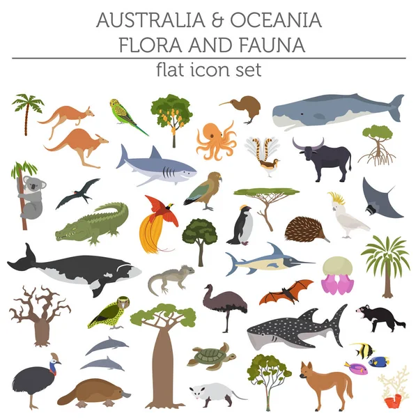 Austrália e Oceania flora e fauna mapa, elementos planos. Animais —  Vetores de Stock