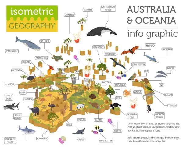 Isometric 3d Australia and Oceania flora and fauna map elements. — Stock Vector