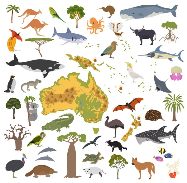 Carte de la flore et de la faune d'Australie et d'Océanie, éléments plats. Animaux — Image vectorielle