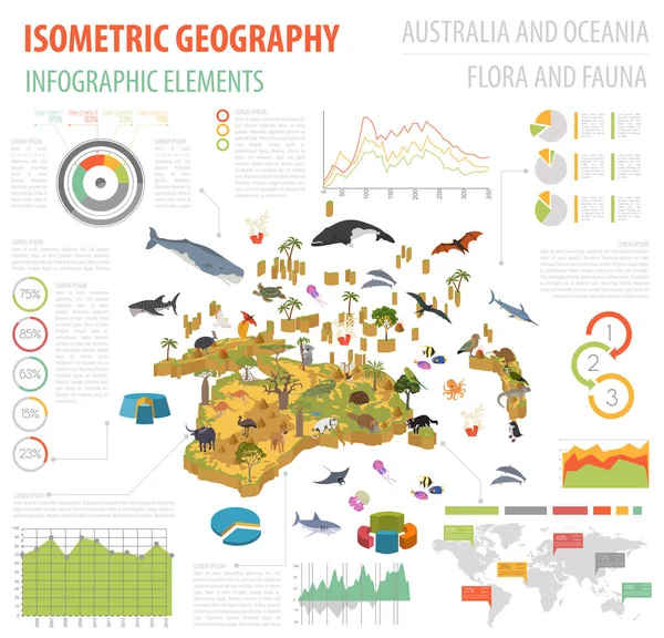 İzometrik 3d Avustralya ve Okyanusya flora ve fauna öğeleri göster. — Stok Vektör