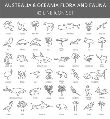 Flat Australia and Oceania flora and fauna  elements. Animals, b