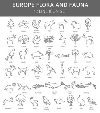 Düz Avrupa flora ve fauna öğeleri. Hayvanlar, kuşlar ve deniz 
