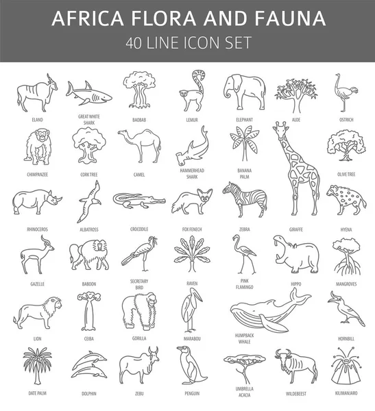 Flora e fauna africanas planas. Animais, aves e mar — Vetor de Stock