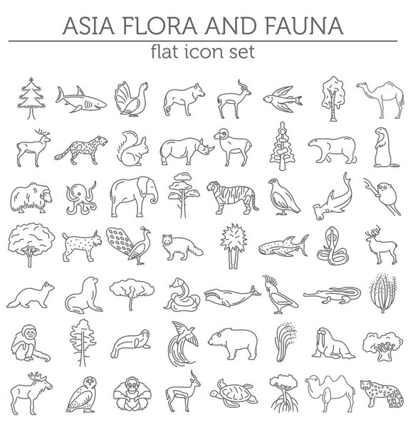 Flat Asian flora and fauna  elements. Animals, birds and sea lif
