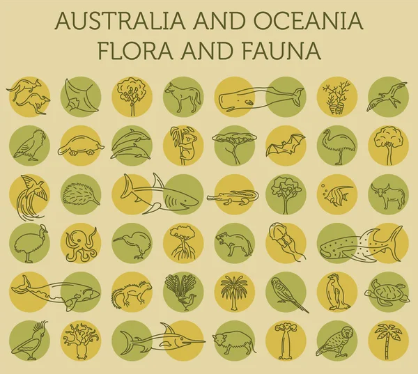 Plana Australia y Oceanía elementos de flora y fauna. Animales, b — Vector de stock