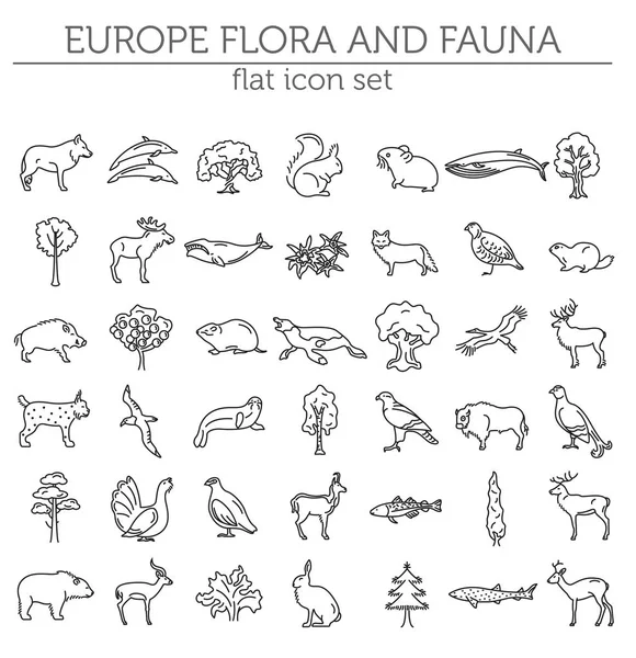 Elementos planos da flora e da fauna europeias. Animais, aves e mar —  Vetores de Stock