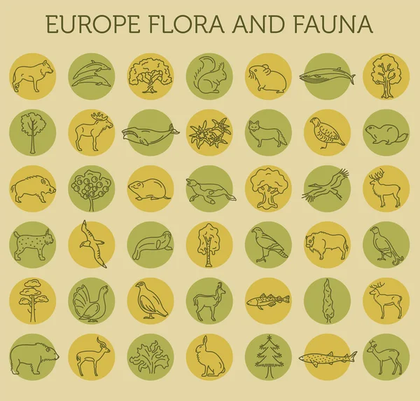 Flache europäische Flora und Fauna Elemente. Tiere, Vögel und Meer — Stockvektor