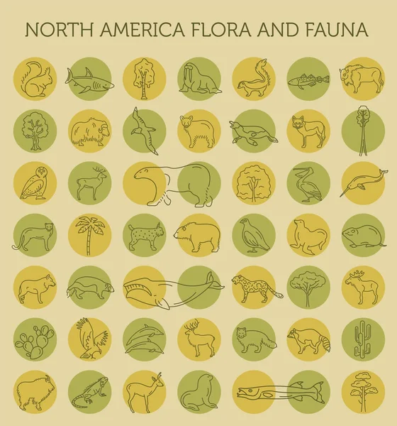 Piatto Nord America flora e fauna elementi. Animali, uccelli e — Vettoriale Stock