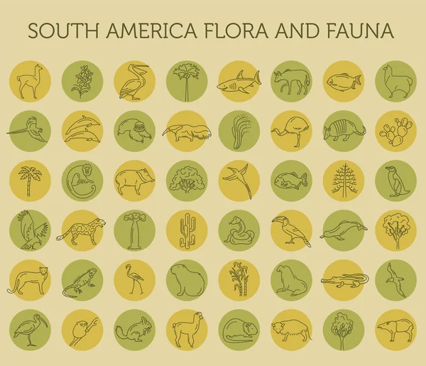 Płaskie elementy flory i fauny Ameryki Południowej. Zwierzęta, ptaki i — Wektor stockowy