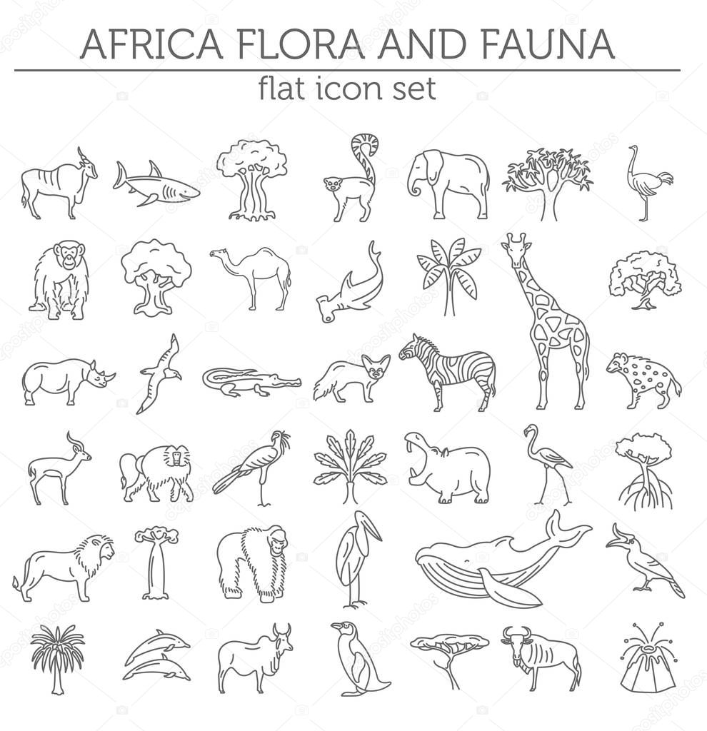Flat African flora and fauna  elements. Animals, birds and sea l