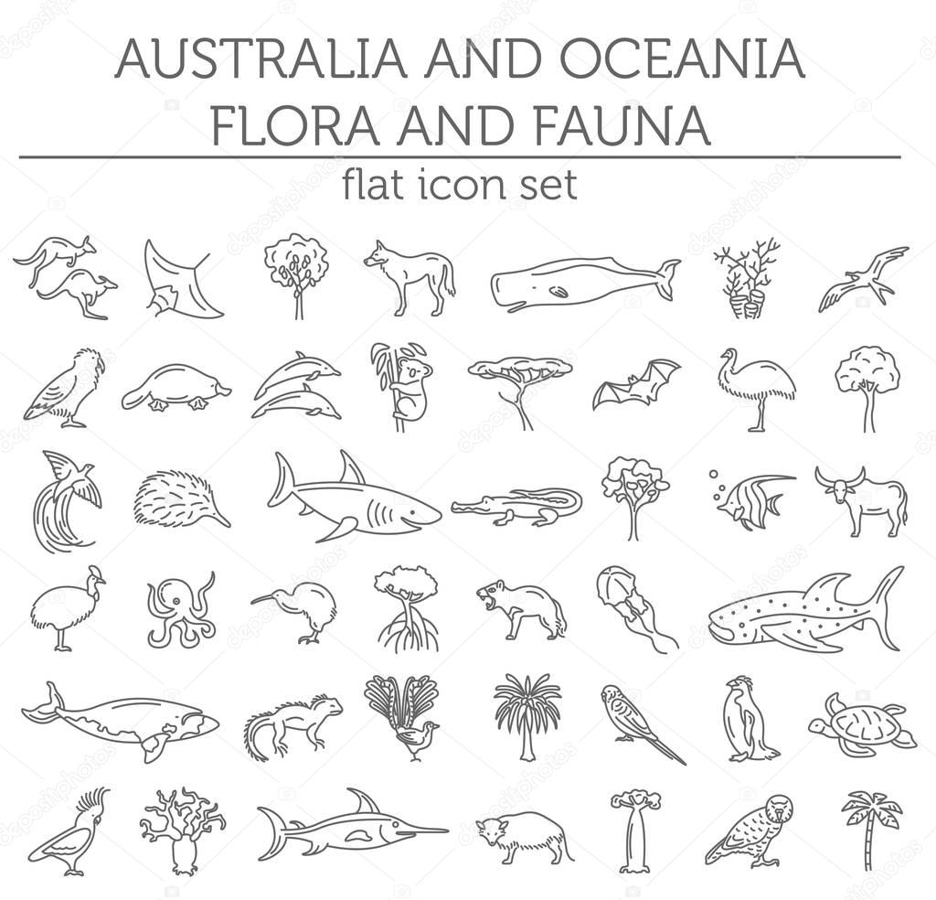 Flat Australia and Oceania flora and fauna  elements. Animals, b