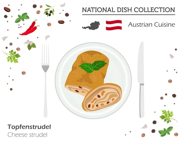 Cocina austríaca. Colección de platos nacionales europeos. Queso stru — Vector de stock