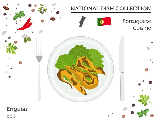 Cuisine portugaise. Collection nationale européenne de plats. Anguilles isol — Image vectorielle
