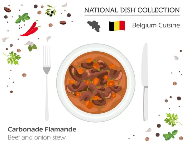 Cocina Belga. Colección de platos nacionales europeos. Carne de res y oni — Vector de stock