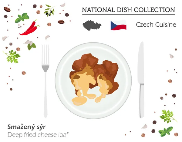 チェコ料理。ヨーロッパの国の料理のコレクションです。揚げチェ — ストックベクタ