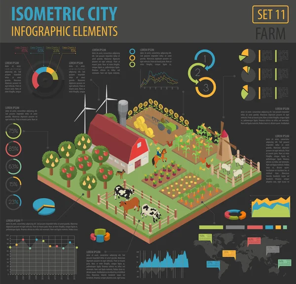 3 차원 isometric 농장 토지와 도시 플랫 지도 생성자 요소 — 스톡 벡터