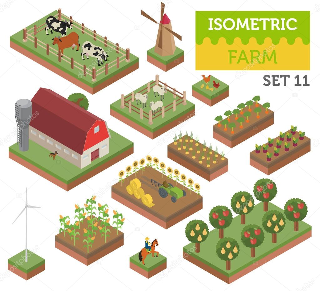 Flat 3d isometric farm land and city map constructor elements is