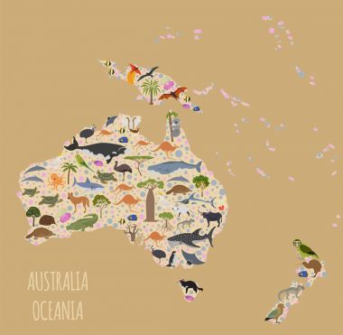 Avustralya ve Okyanusya flora ve fauna harita, öğeleri düz. Hayvan