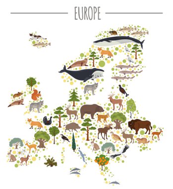 Düz Avrupa flora ve fauna Oluşturucu öğeleri eşleyin. Hayvanlar,