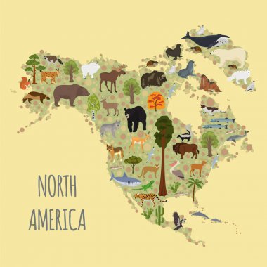 Kuzey Amerika flora ve fauna harita, öğeleri düz. Hayvanlar, kuşlar