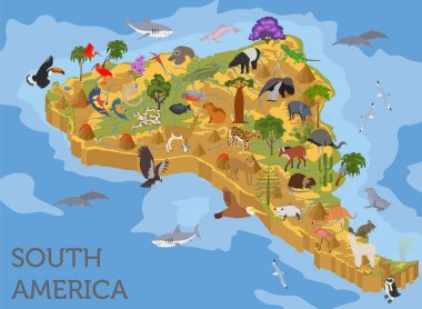 İzometrik 3d Güney Amerika flora ve fauna öğeleri eşleyin. Hayvanlar
