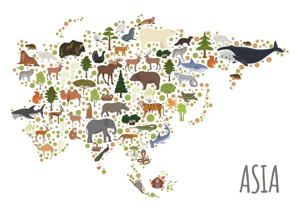 Plana flora y fauna asiática mapa elementos constructores. Animales, bi — Archivo Imágenes Vectoriales