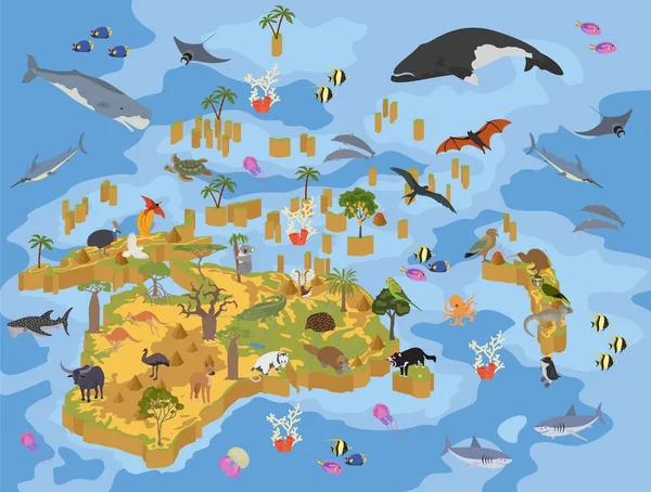 İzometrik 3d Avustralya ve Okyanusya flora ve fauna öğeleri göster.