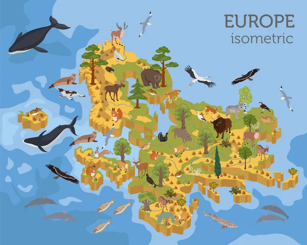 Isometrica 3d flora e fauna europea mappa elementi costruttivi . — Vettoriale Stock