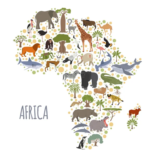 Plano África flora y fauna mapa elementos constructores. Animales, b — Vector de stock