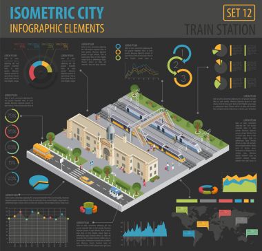 Oluşturucu öğeleri ISO 3D izometrik tren istasyonu ve şehir haritası