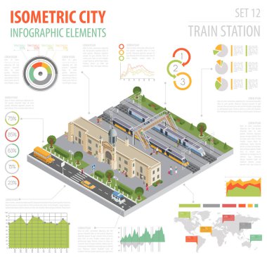 Oluşturucu öğeleri ISO 3D izometrik tren istasyonu ve şehir haritası