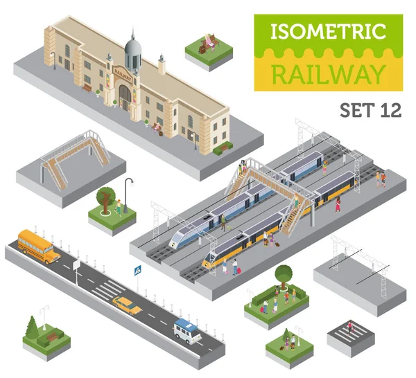 Stazione ferroviaria isometrica 3d e mappa della città elementi costruttivi iso — Vettoriale Stock