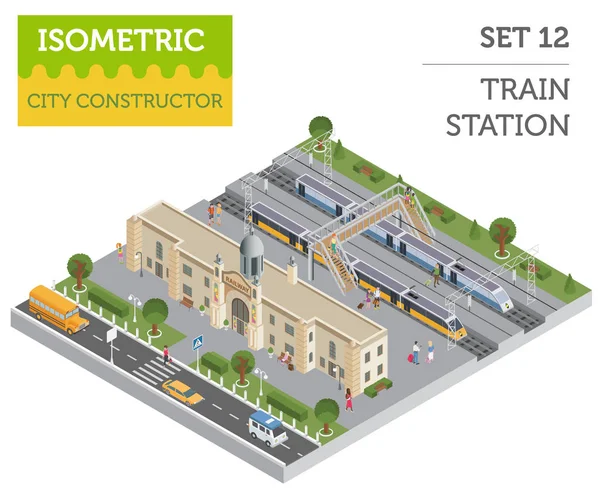 Estación de tren isométrica 3d y elementos constructores mapa de la ciudad iso — Vector de stock