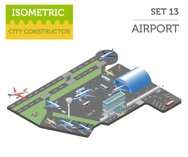 3d isométrico aeropuerto y mapa de la ciudad elementos constructores aislados — Vector de stock