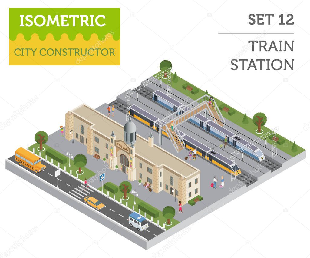 3d isometric Train station and city map constructor elements iso