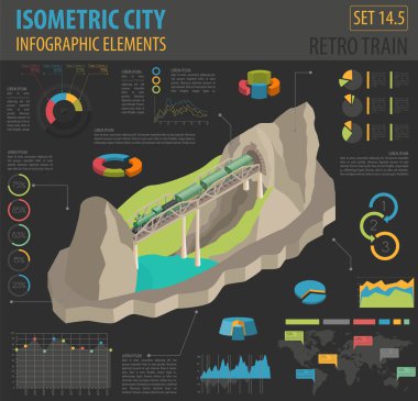 3D izometrik retro demiryolu buharlı lokomotif ve küçük yük arabalar. 