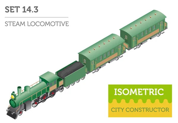 3D isometrische Retro-Eisenbahn mit Dampflokomotive und Waggons. — Stockvektor