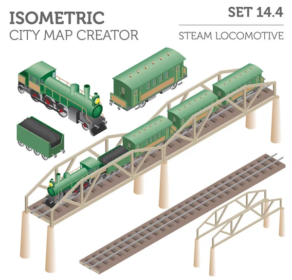 3D isometrische Retro-Eisenbahn mit Dampflokomotive und Waggons. — Stockvektor