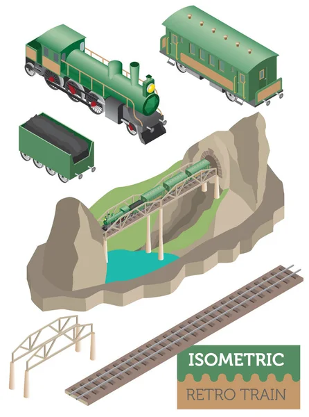 3D isometrische Retro-Eisenbahn mit Dampflokomotive und Waggons. — Stockvektor