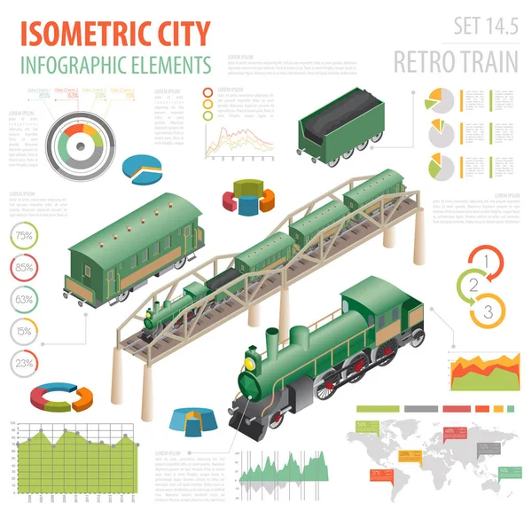 3D isometrische Retro-Eisenbahn mit Dampflokomotive und Waggons. — Stockvektor